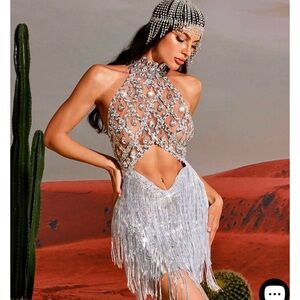Silver Beaded Halter Dress with Fringe